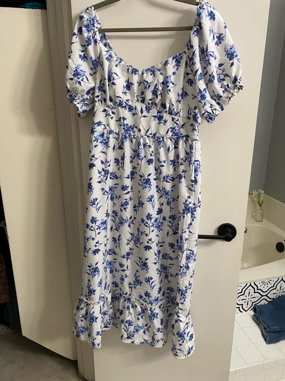 Indulge InStyle Blue Floral Toile Milkmaid Midi Dress Smocked‎ Easy Care XL